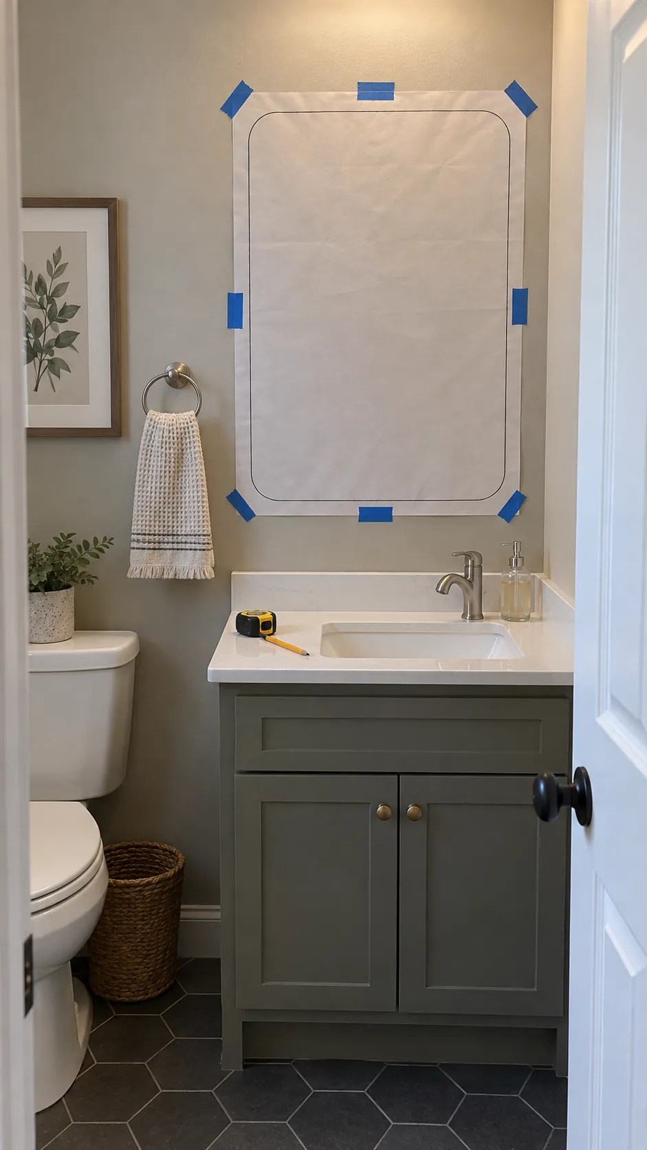 test the outline before drilling in a powder room with an offset sink