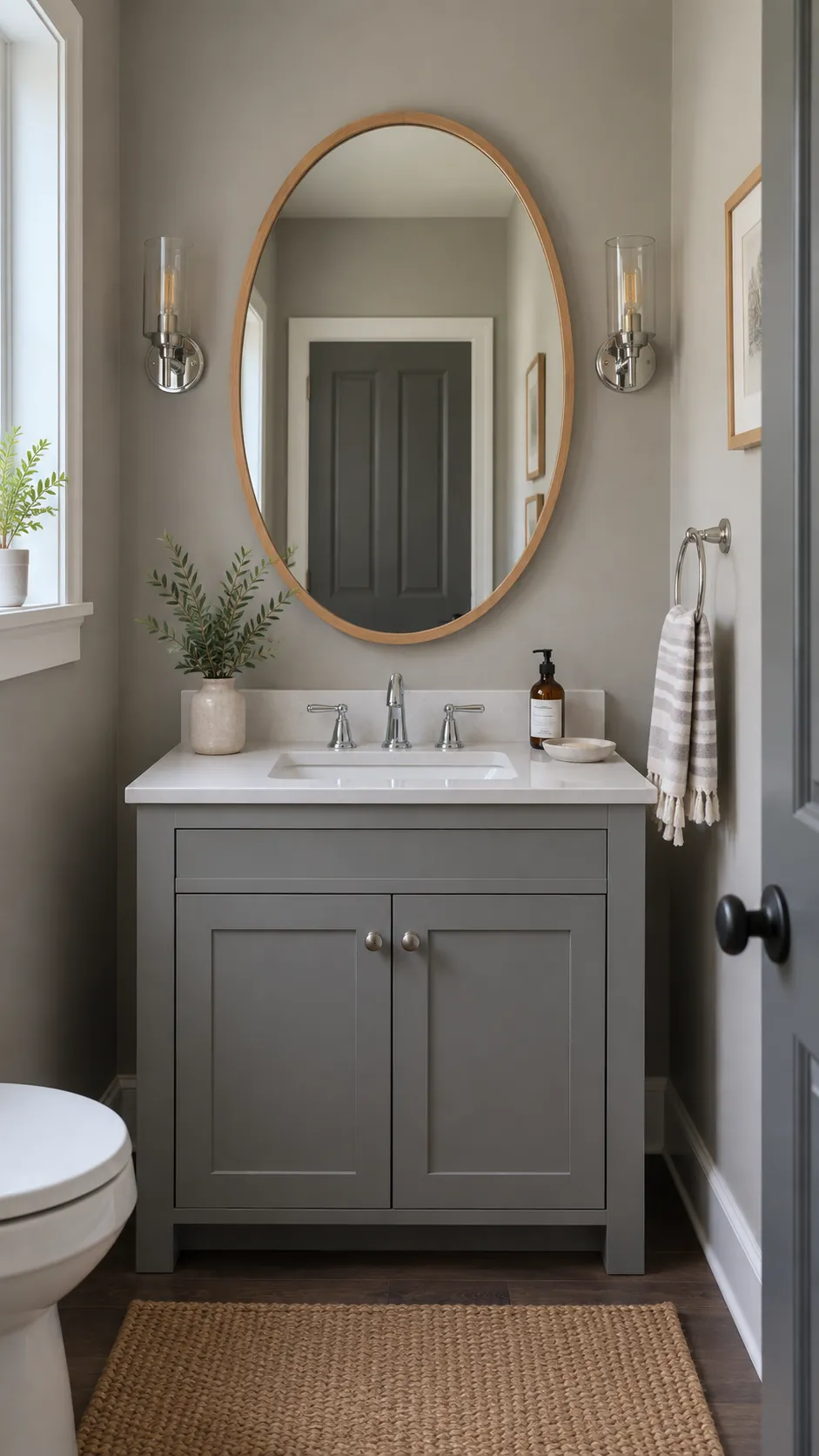 frame the mirror in natural wood in a gray powder room
