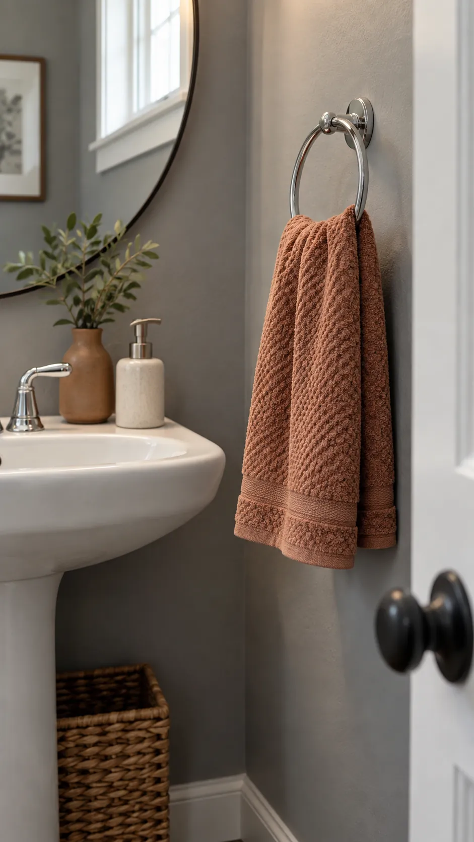 hang towels in a warm accent color in a gray powder room