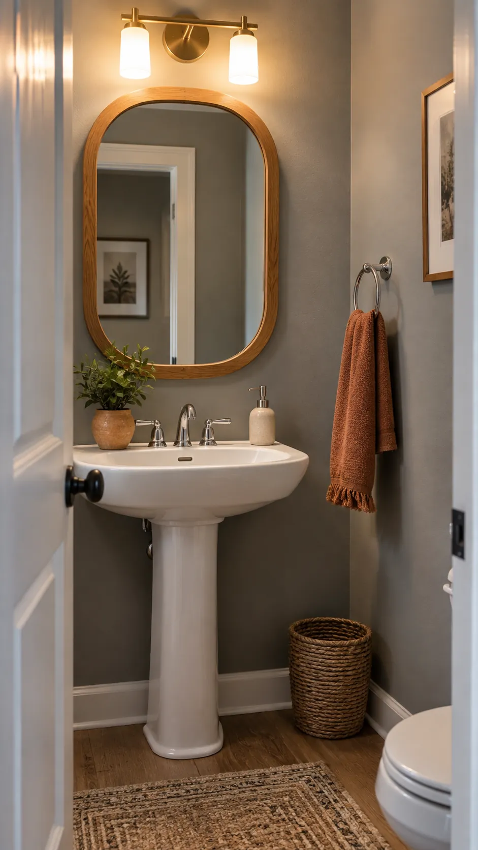 Warm lighting, wood, and textiles in a gray powder room
