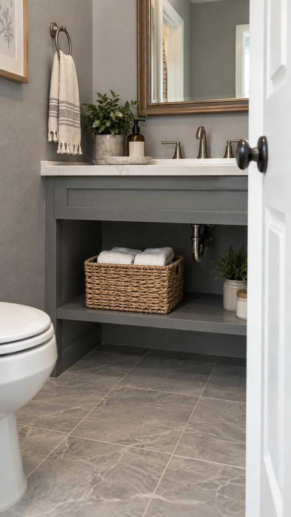 add a woven storage basket in a gray powder room