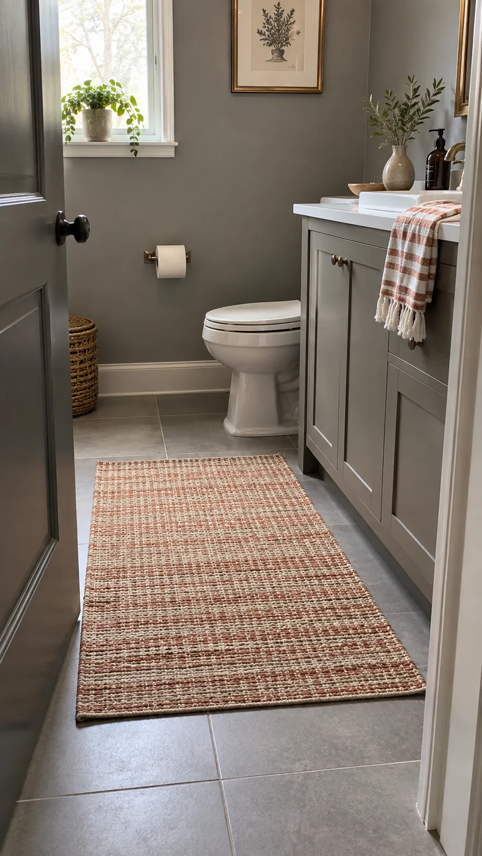 ground the room with a washable mat in a gray powder room