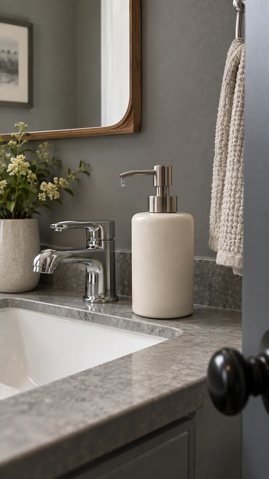 choose a cream ceramic soap dispenser in a gray powder room