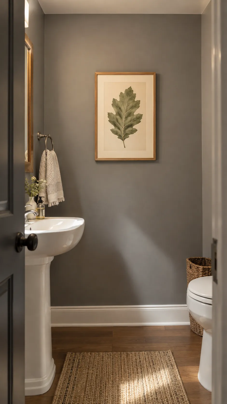 hang art with warm paper tones in a gray powder room