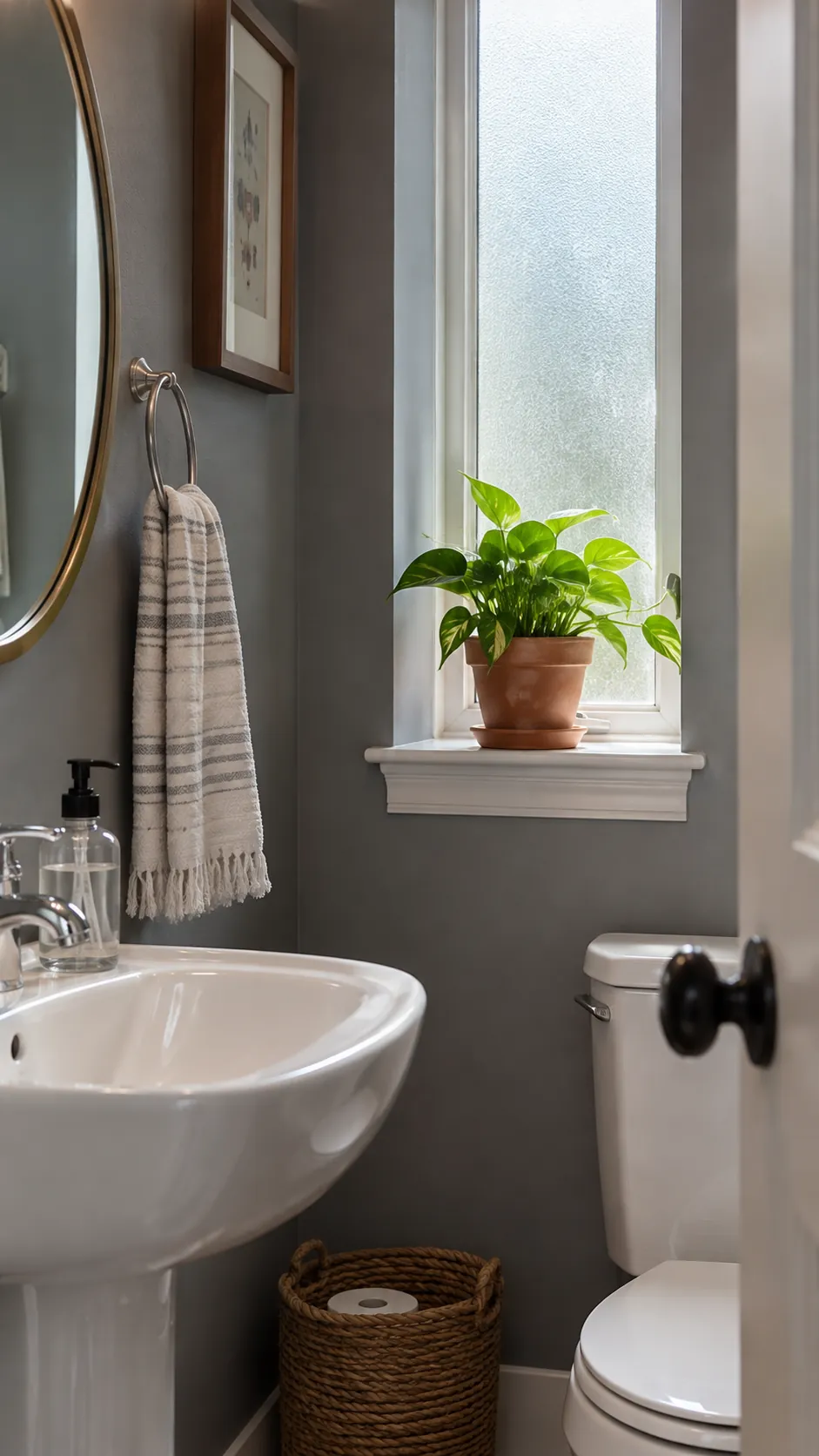 bring in a small plant in a gray powder room