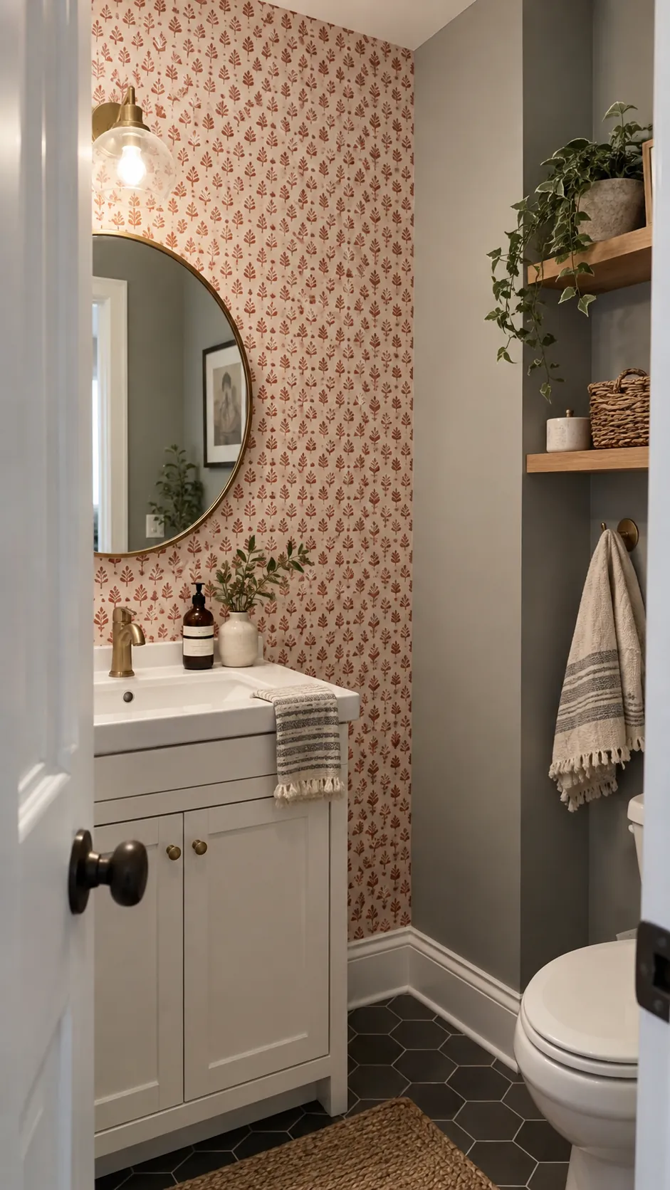 try removable patterned wallcovering in a gray powder room