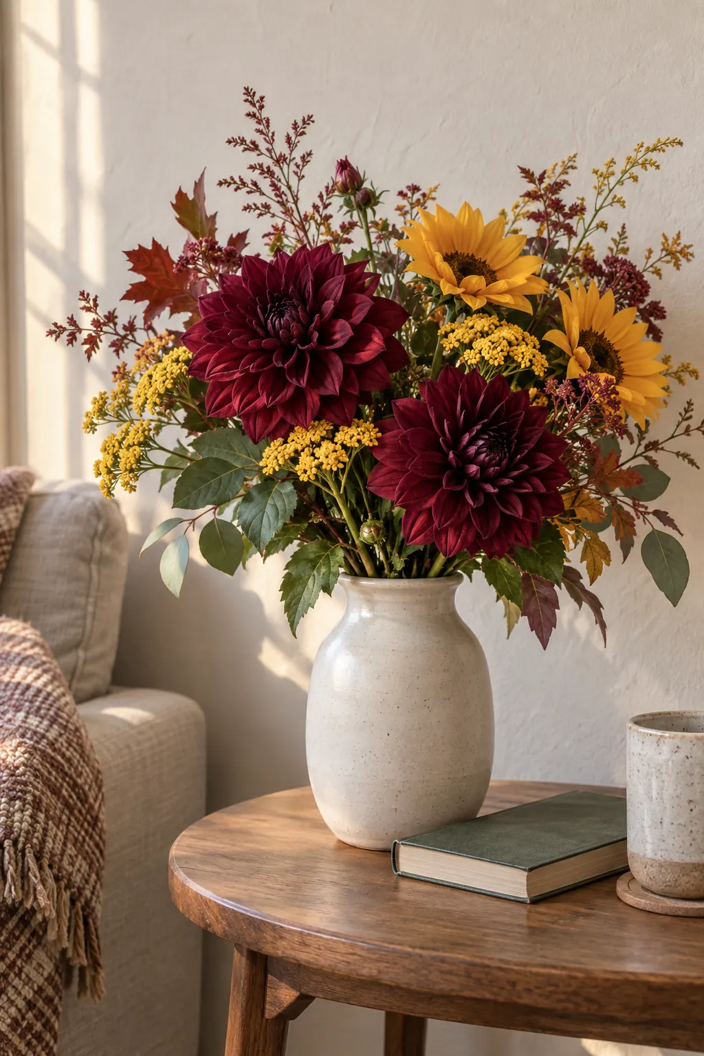 Balanced burgundy and yellow fall bouquet in a home setting
