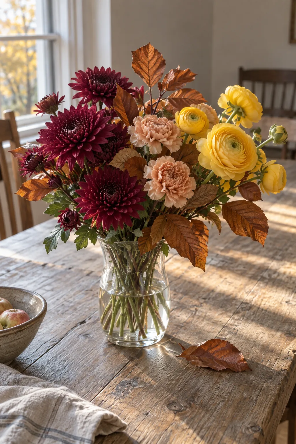 Burgundy and yellow flowers showing how to add a warm bridge color