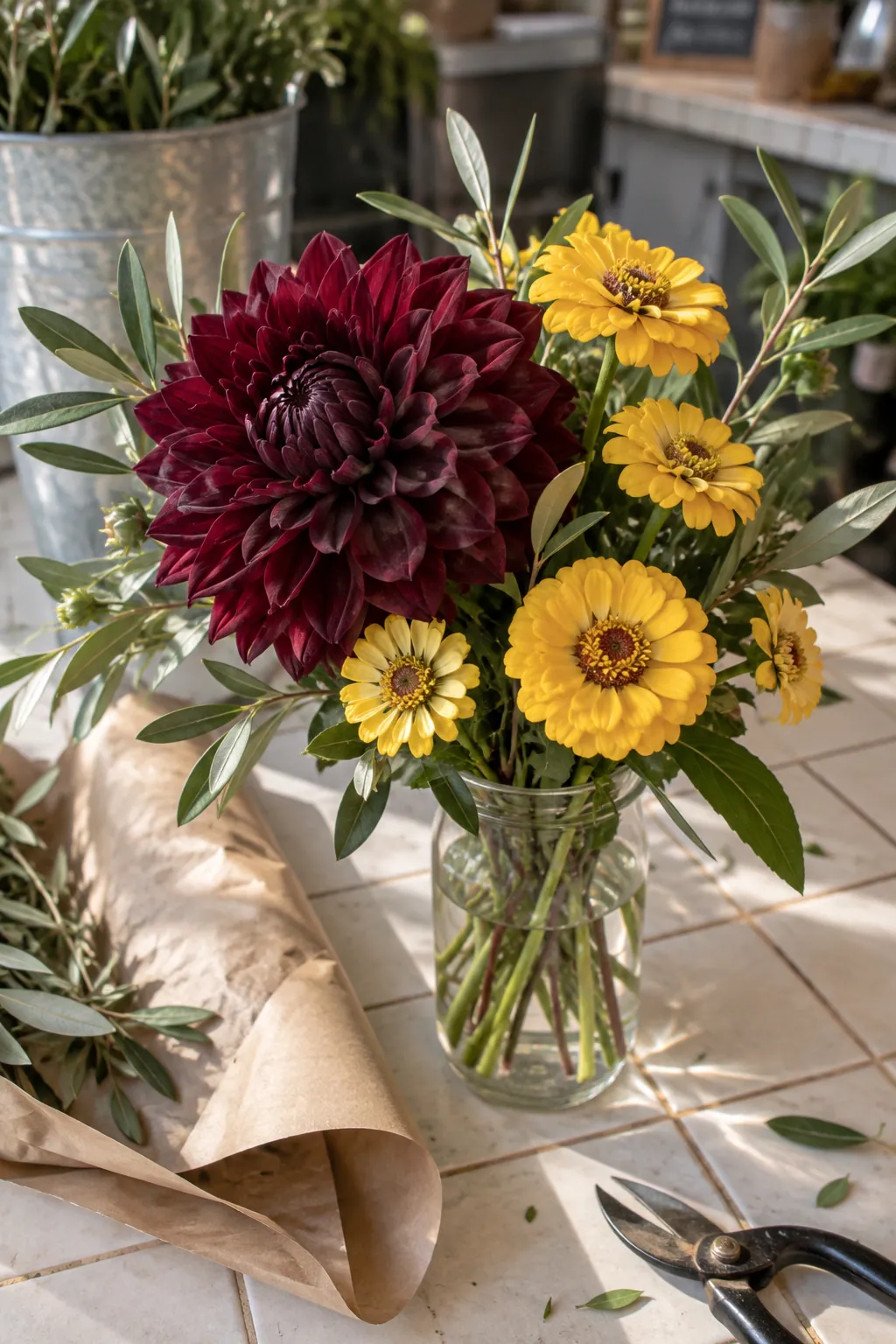 Burgundy and yellow flowers showing how to compare flower shapes before buying more stems