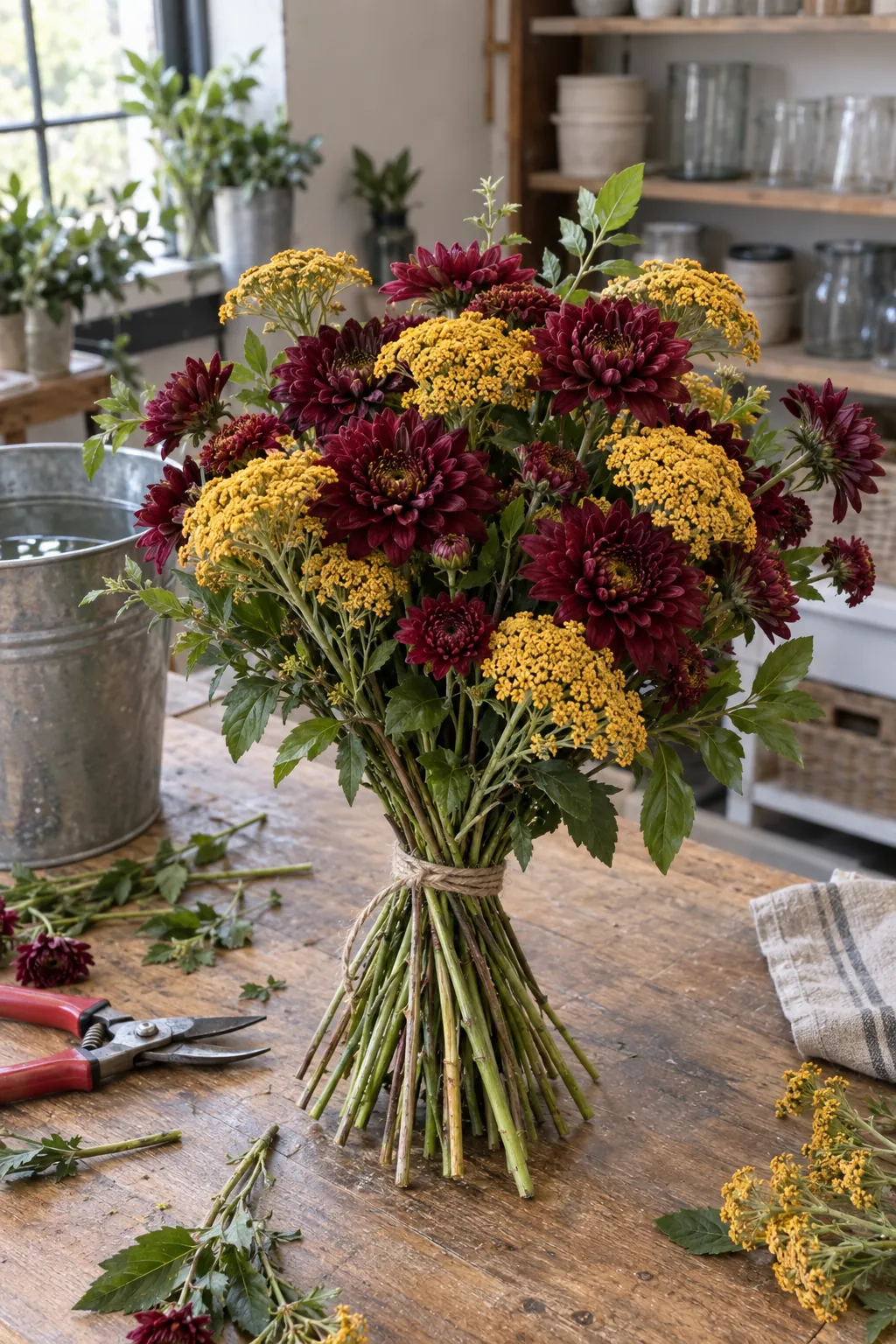 Burgundy and yellow flowers showing how to build a shape that mixes the colors