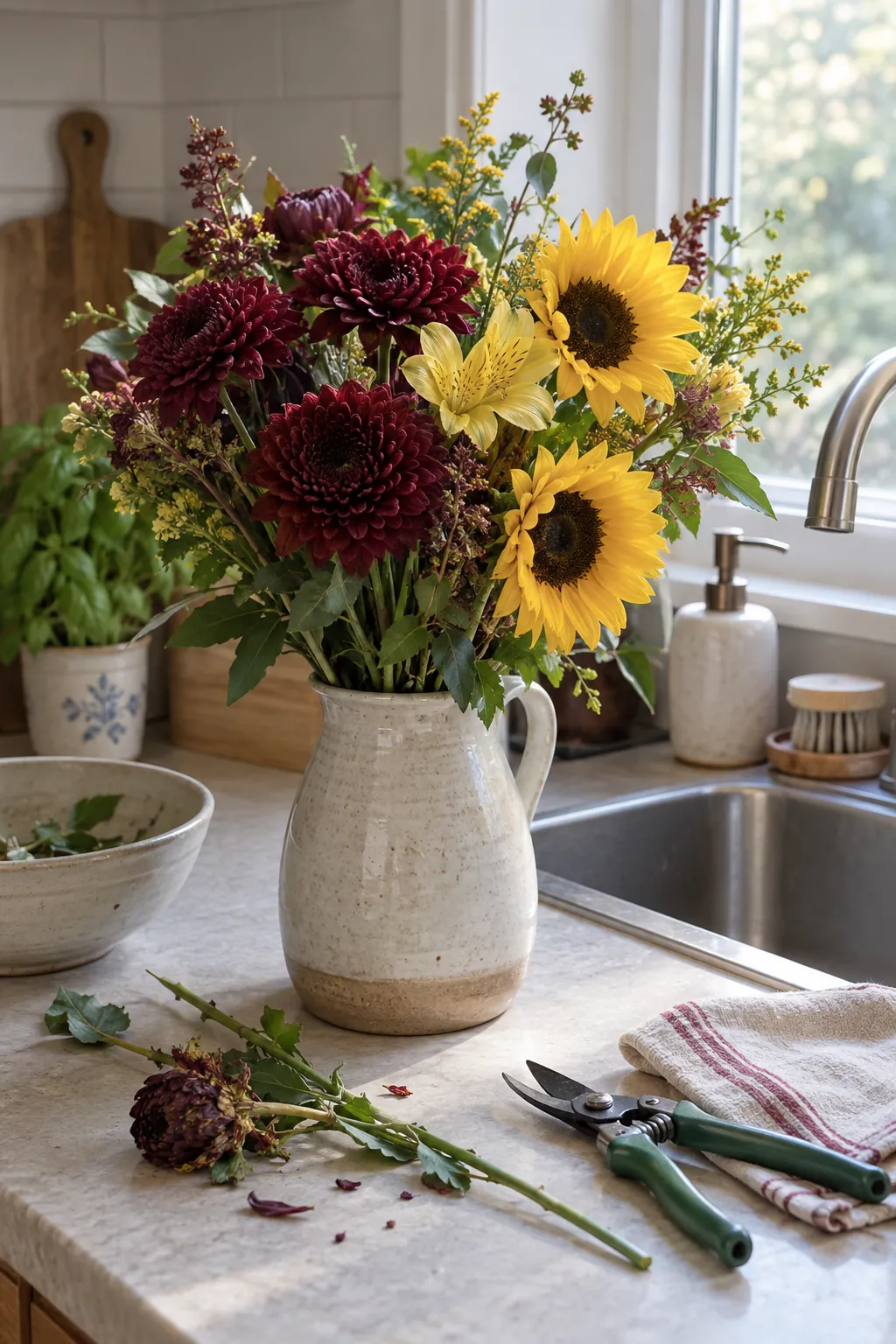 Burgundy and yellow flowers showing how to keep the balance as flowers open