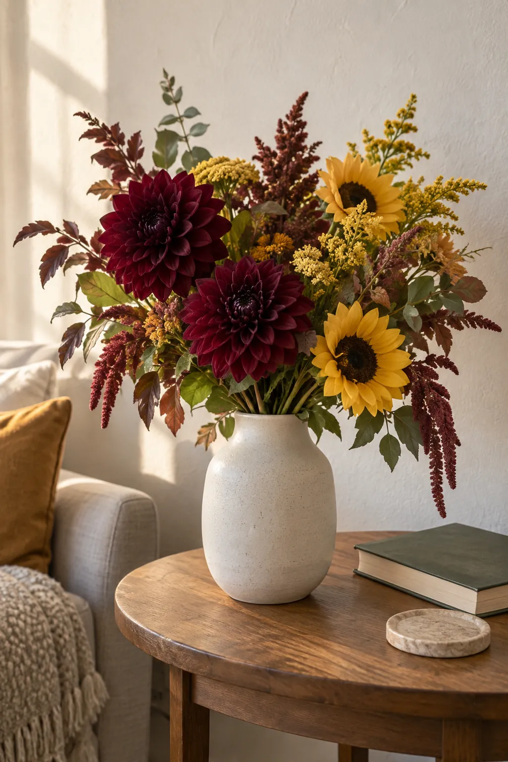 Burgundy and yellow flowers showing how to let the vase and room support the palette