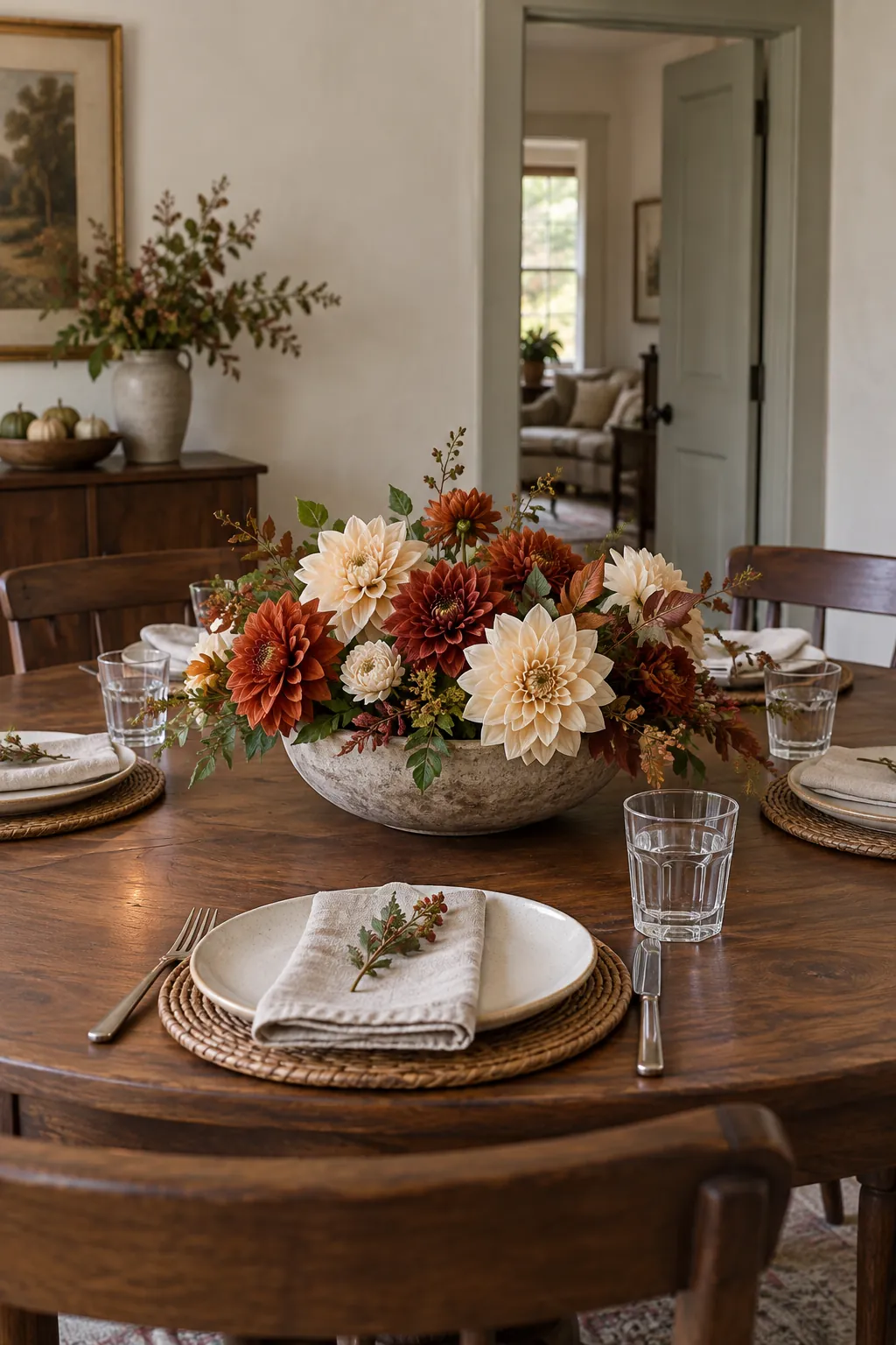 Low Dahlias in a Stone Bowl as a fall flower centerpiece for Thanksgiving