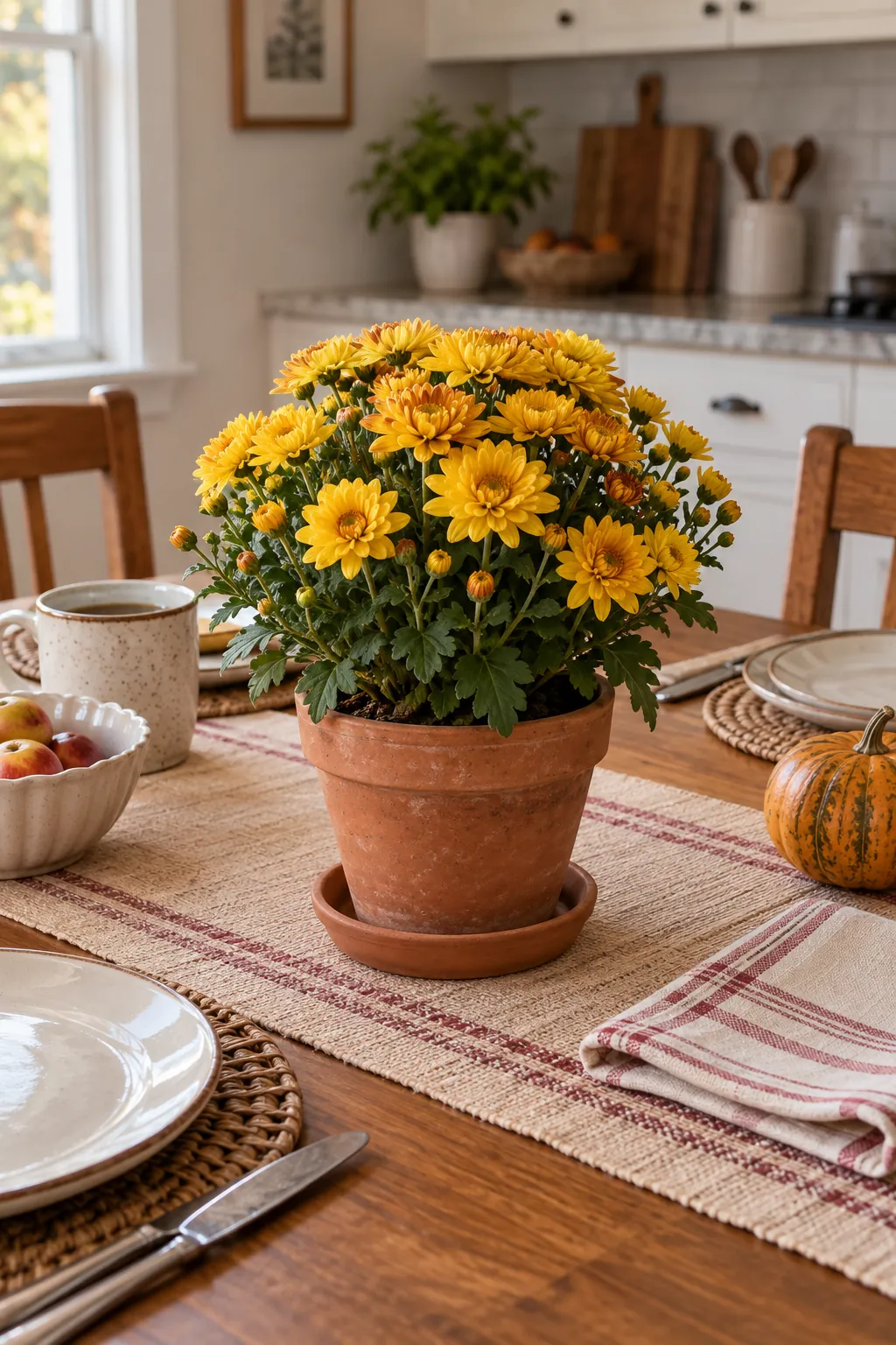 Potted Mini Mums in Terracotta as a fall flower centerpiece for Thanksgiving