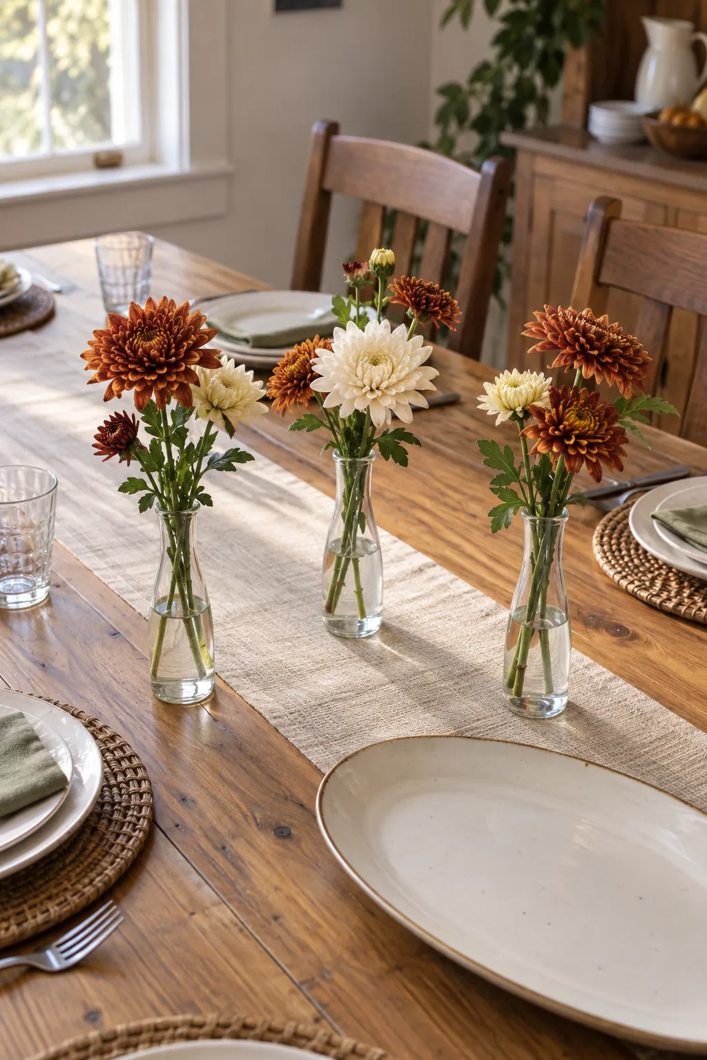 Three Bud Vases of Autumn Mums as a fall flower centerpiece for Thanksgiving