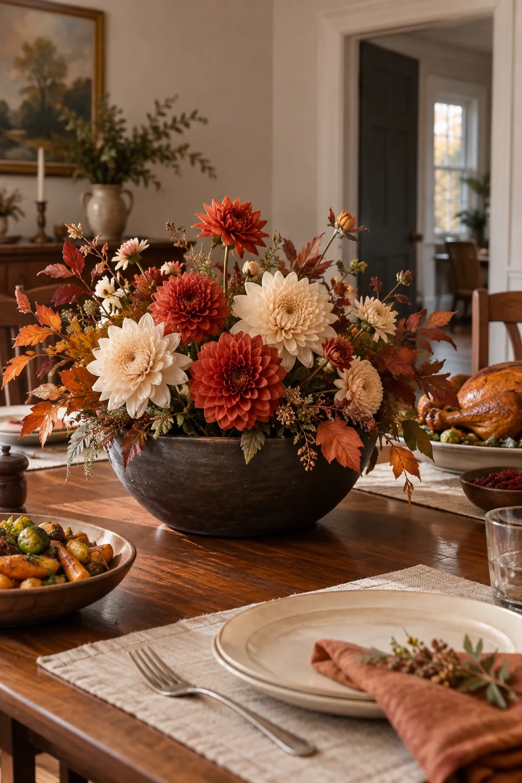 Low fall flower centerpiece on a welcoming Thanksgiving table