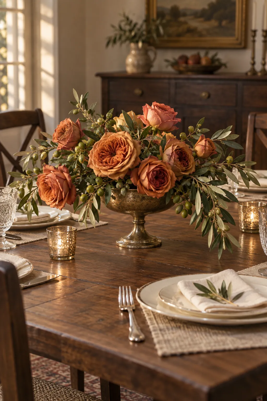 Copper Roses in a Footed Compote as a fall flower centerpiece for Thanksgiving