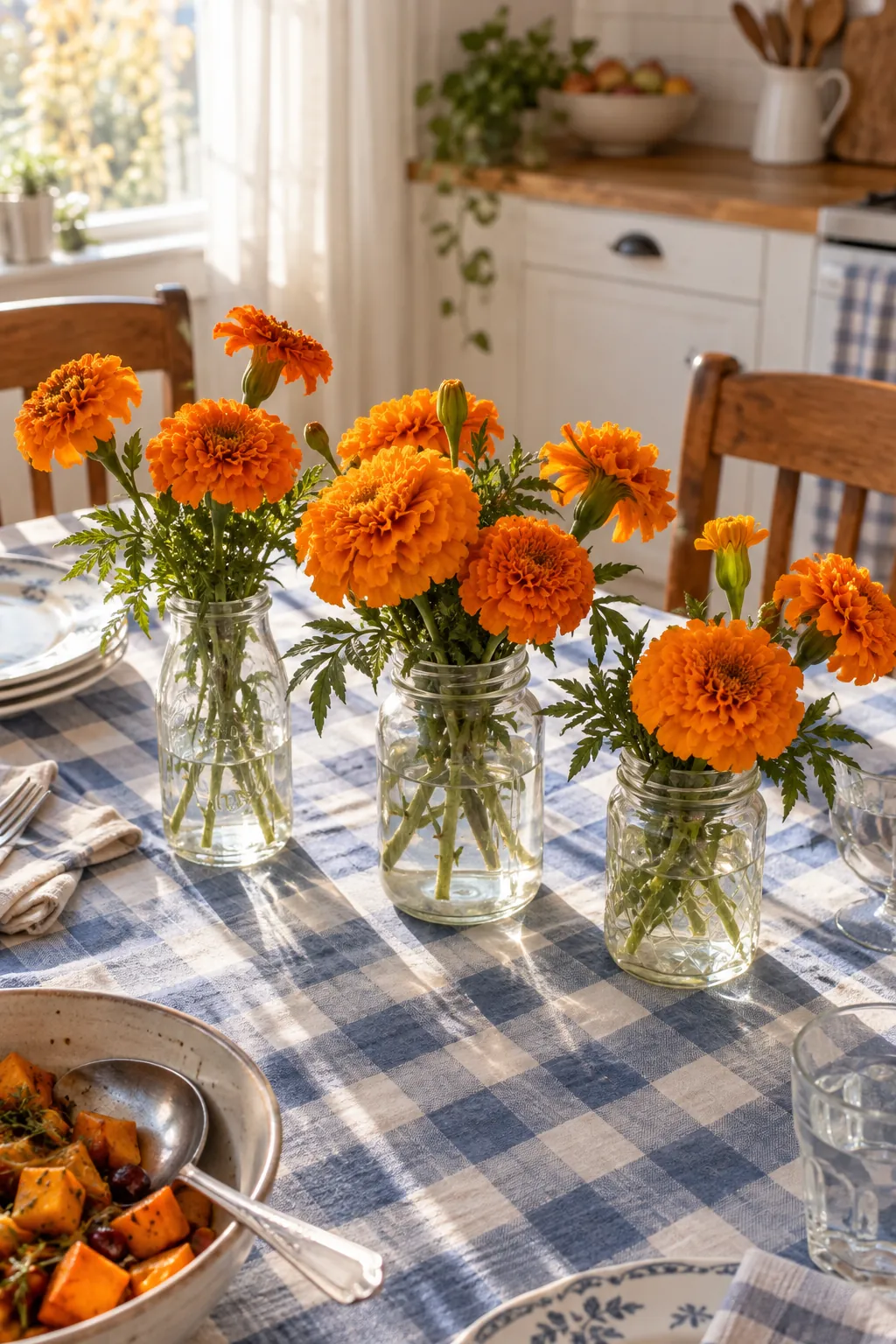 Marigolds in Reused Glass Jars as a fall flower centerpiece for Thanksgiving