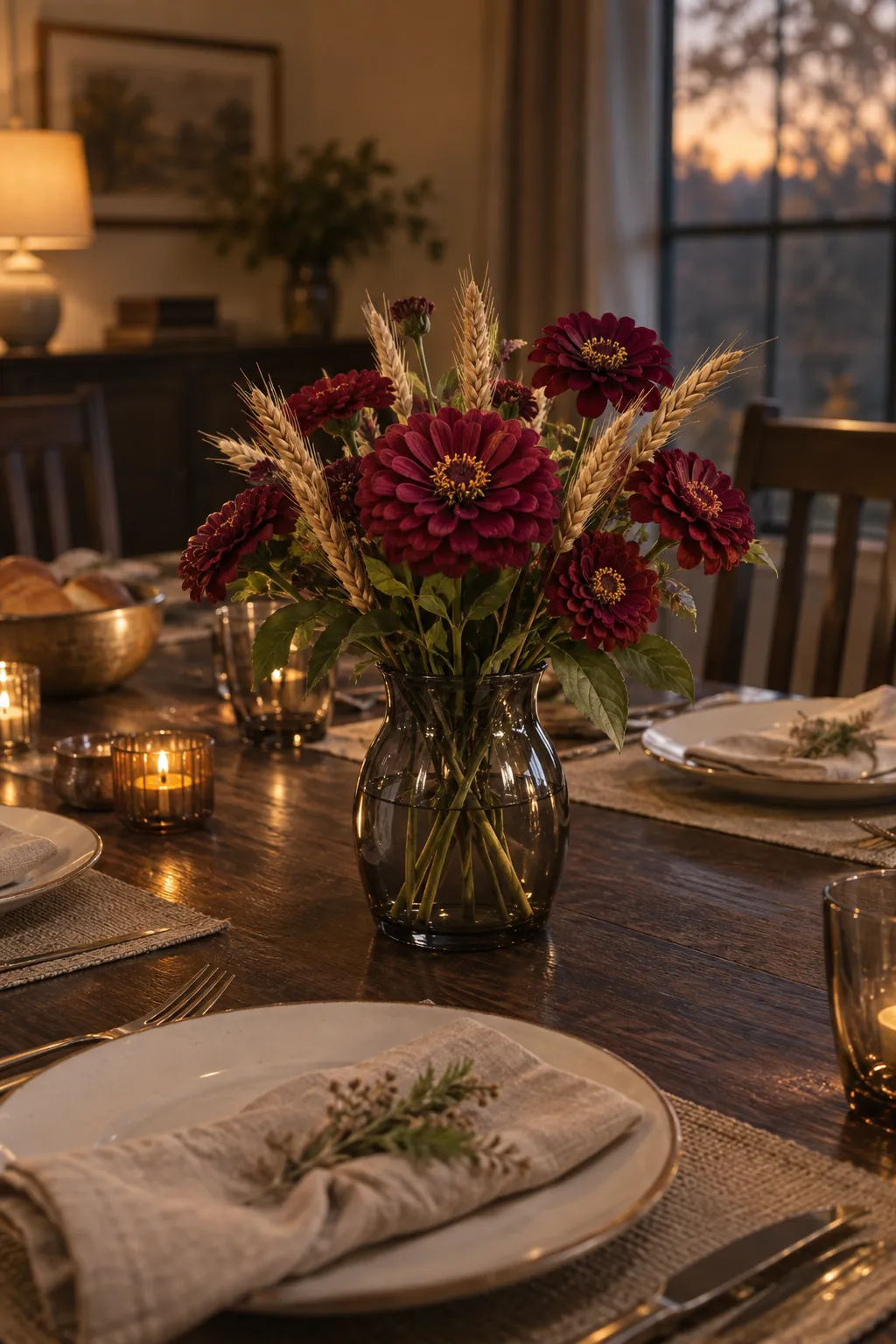 Burgundy Zinnias with Wheat as a fall flower centerpiece for Thanksgiving