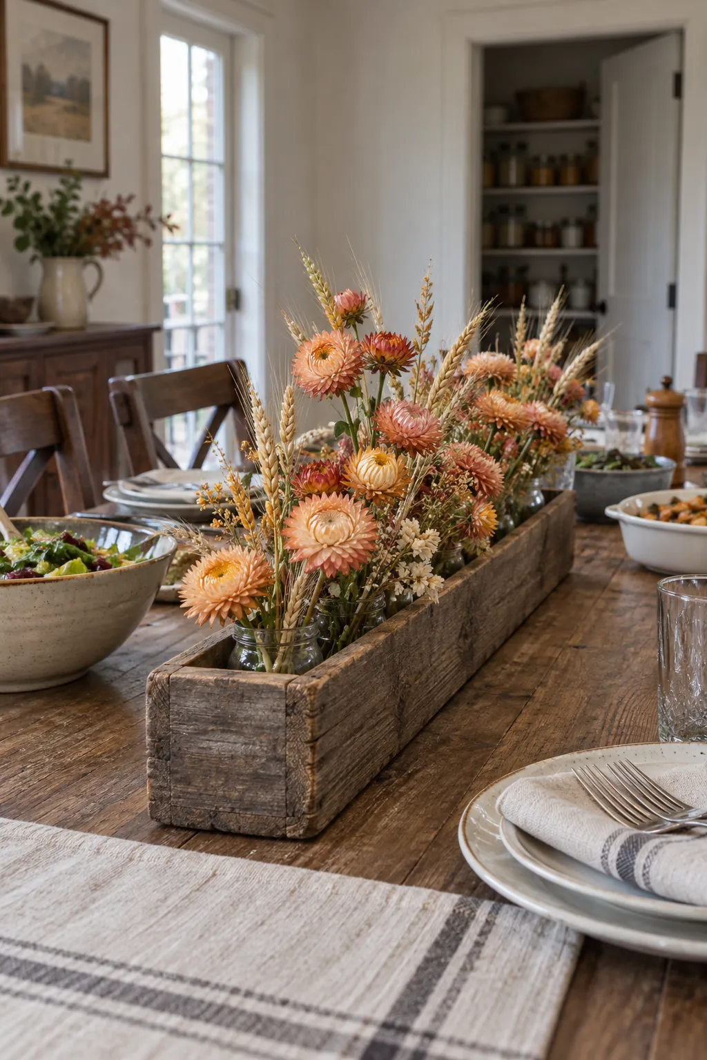 Strawflowers in a Wooden Trough as a fall flower centerpiece for Thanksgiving