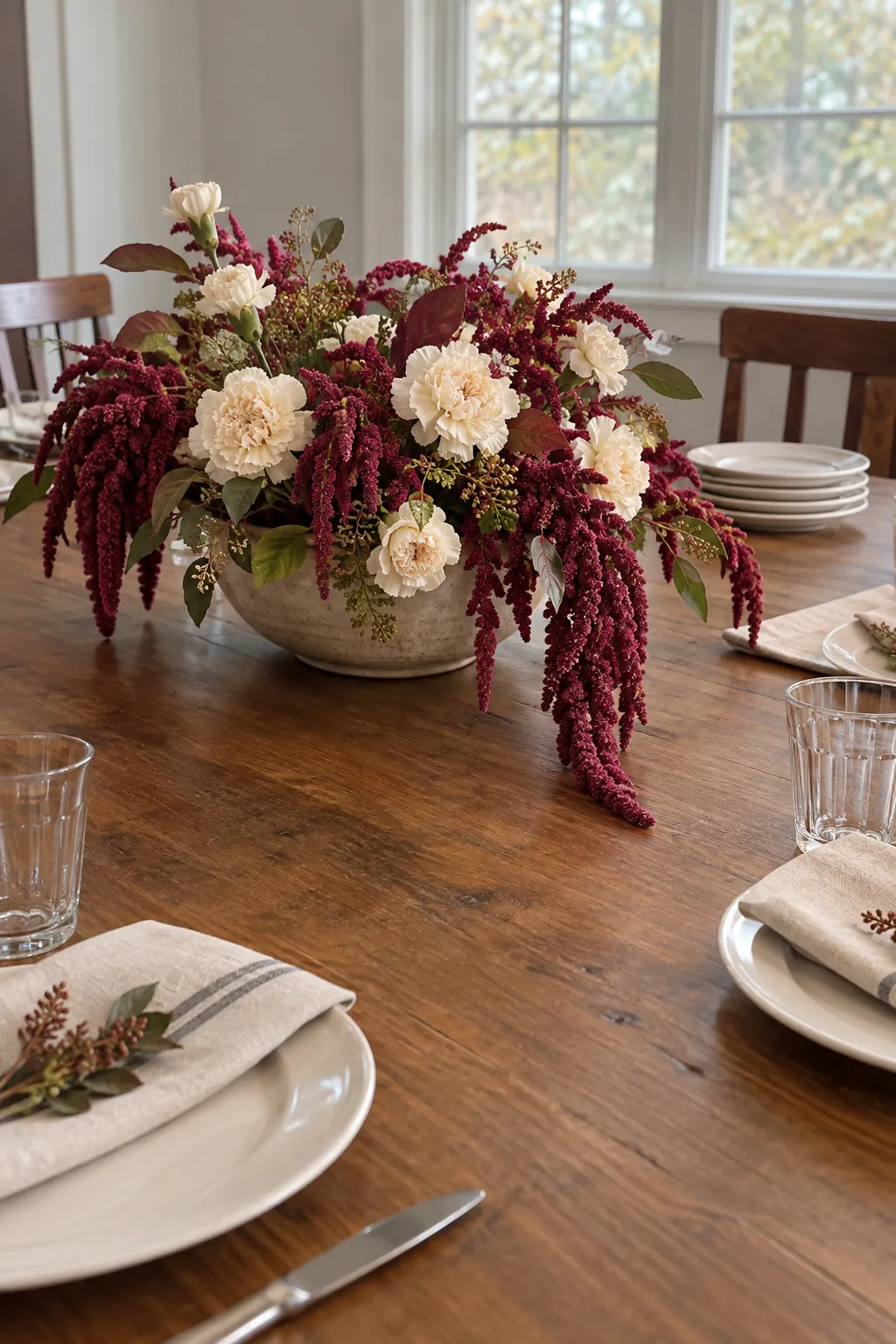 Trailing Amaranthus in a Wide Bowl as a fall flower centerpiece for Thanksgiving