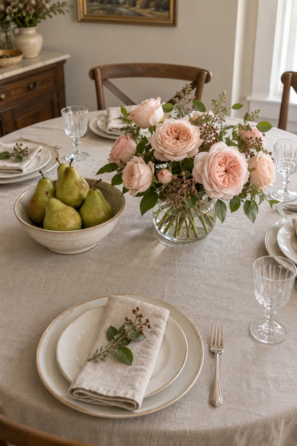 Garden Roses with Pears Beside Them as a fall flower centerpiece for Thanksgiving