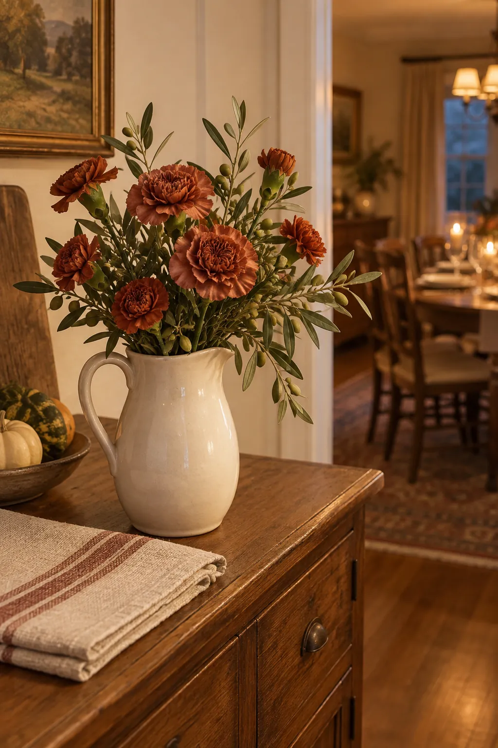 Carnations and Olive Sprigs as a fall flower centerpiece for Thanksgiving