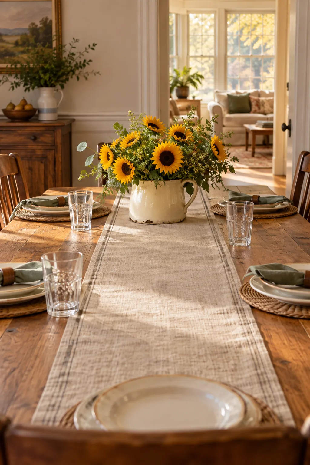 Sunflowers in a Wide Enamel Jug as a fall flower centerpiece for Thanksgiving