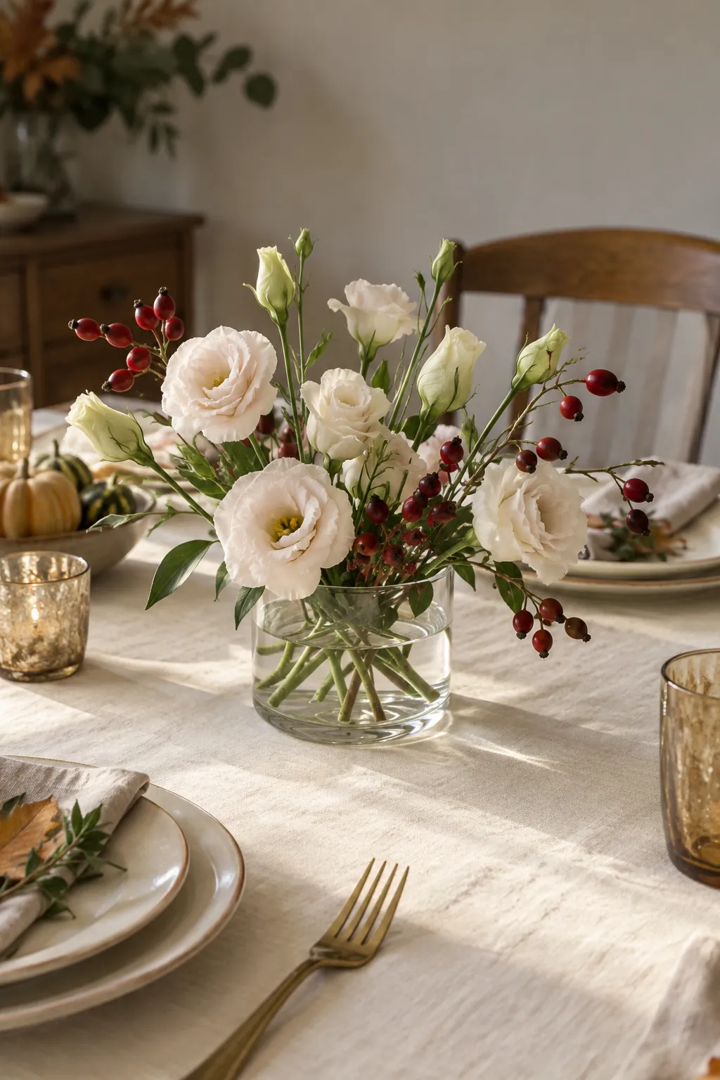 Lisianthus and Rose Hips as a fall flower centerpiece for Thanksgiving
