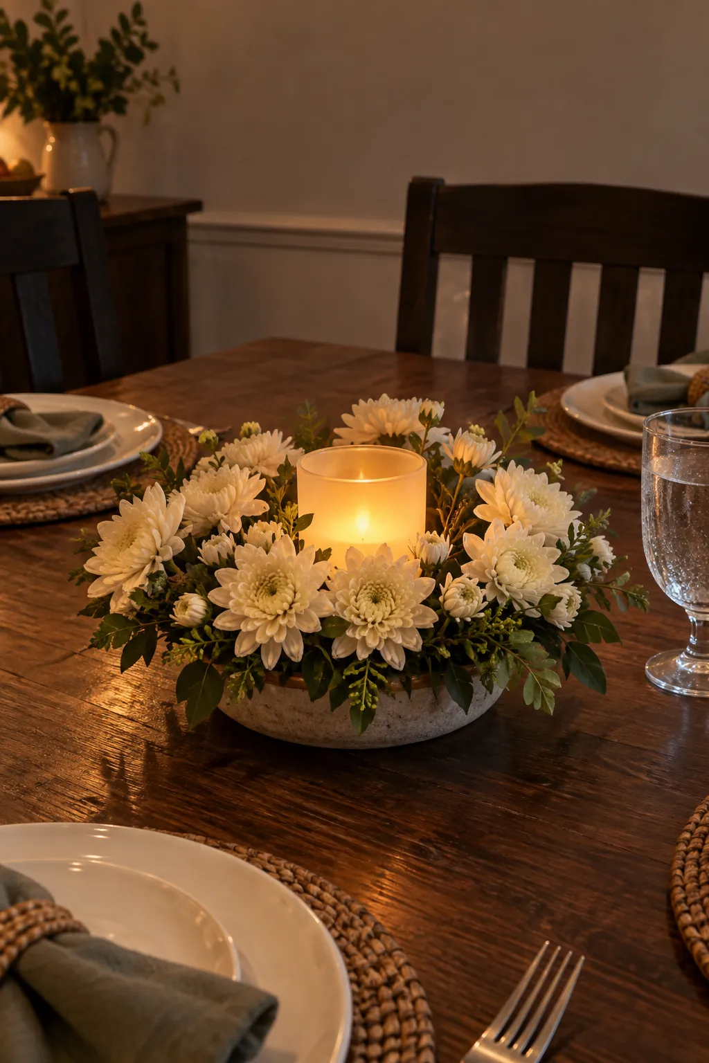 A Flower Ring Around an Electric Candle as a fall flower centerpiece for Thanksgiving