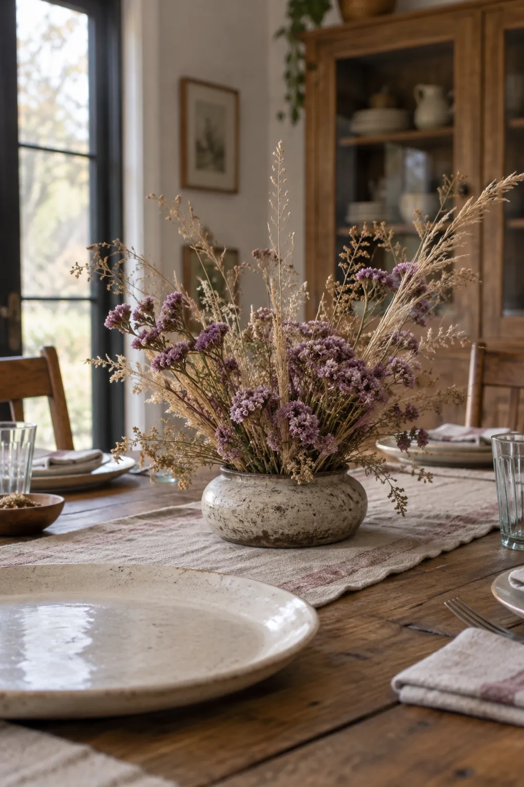 Dried Statice with Meadow Grasses as a fall flower centerpiece for Thanksgiving
