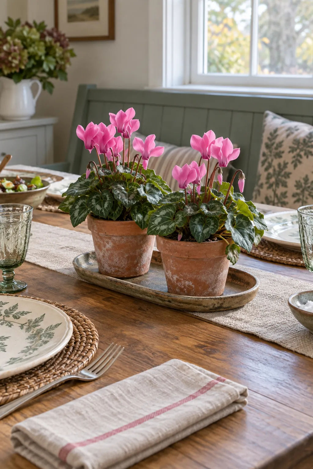 Small Cyclamen Pots on a Tray as a fall flower centerpiece for Thanksgiving