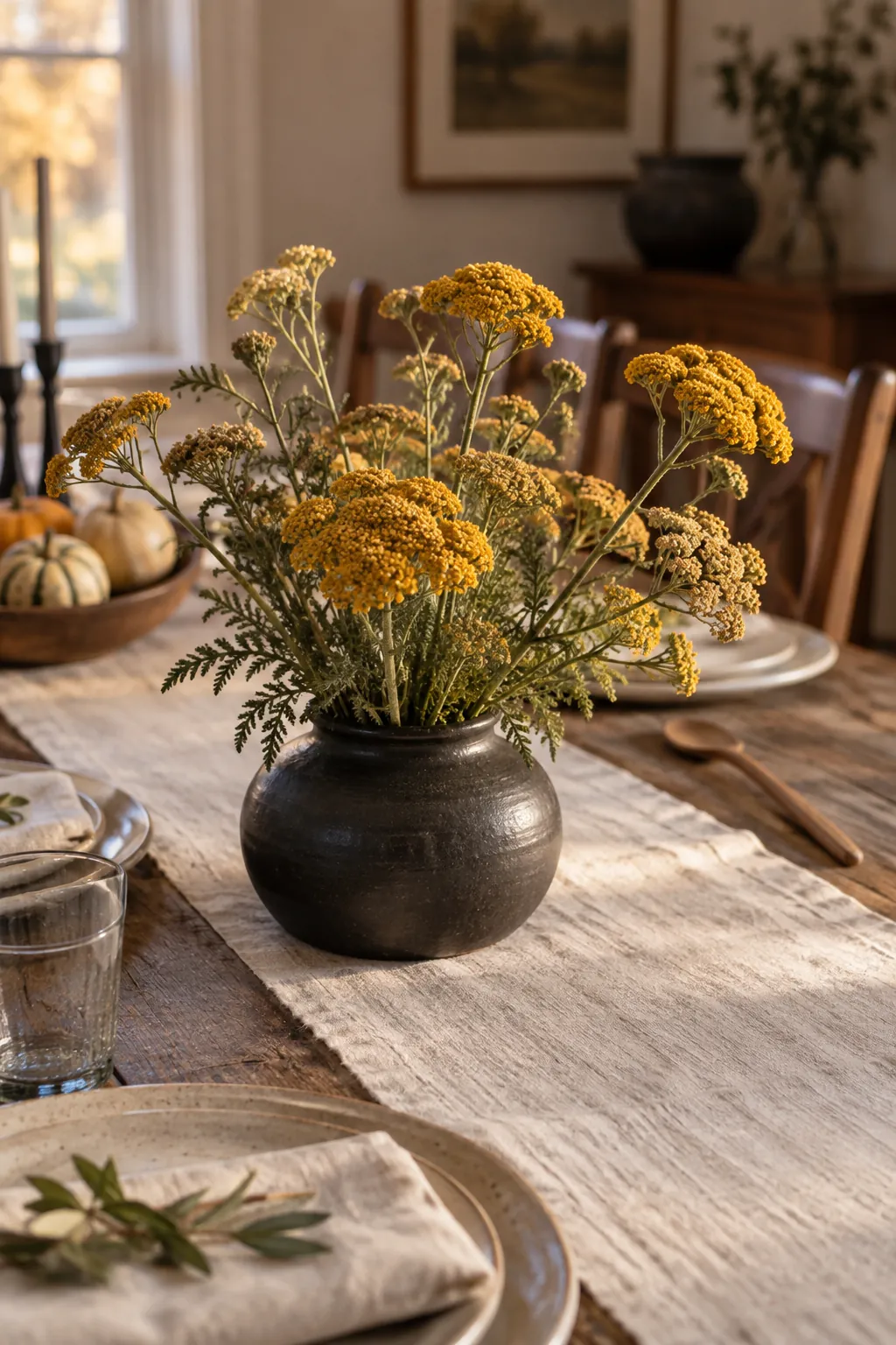 Golden Yarrow in Black Pottery as a fall flower centerpiece for Thanksgiving