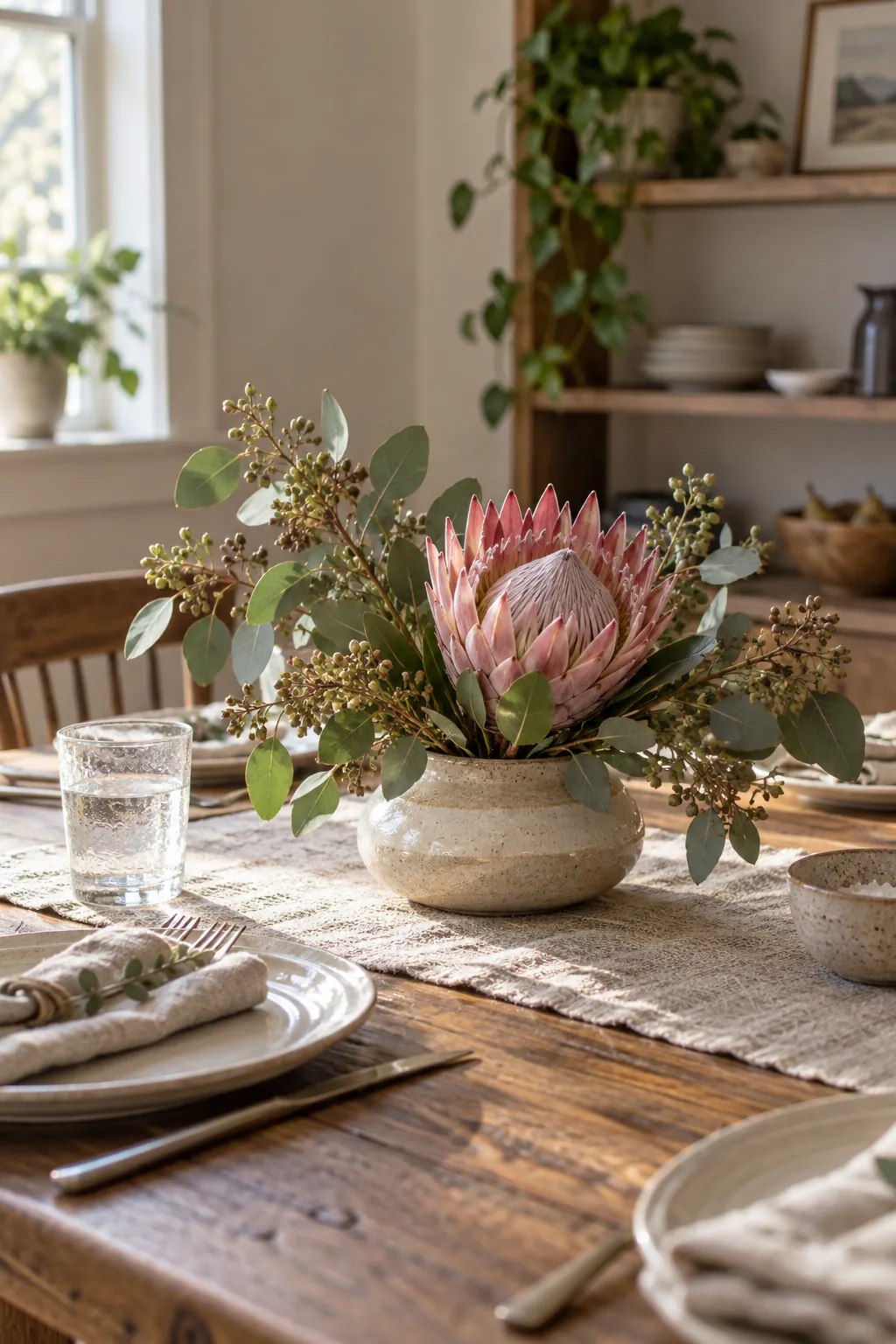 Protea and Seeded Eucalyptus as a fall flower centerpiece for Thanksgiving