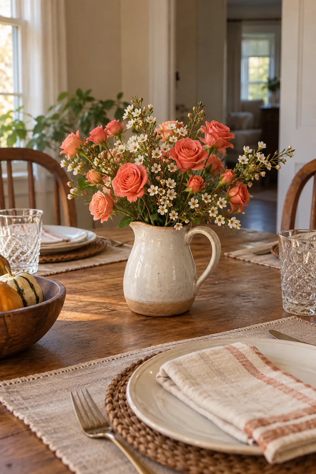 Spray Roses and Waxflower in a Pitcher as a fall flower centerpiece for Thanksgiving