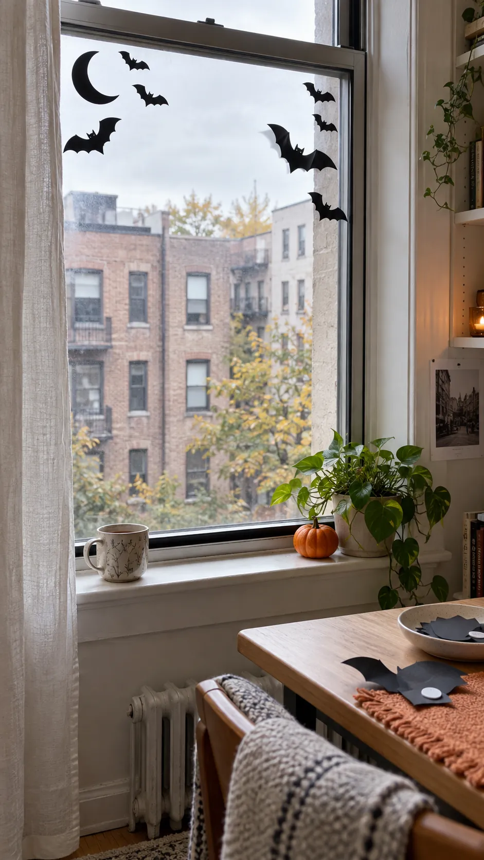 Layered window silhouettes in a small studio apartment