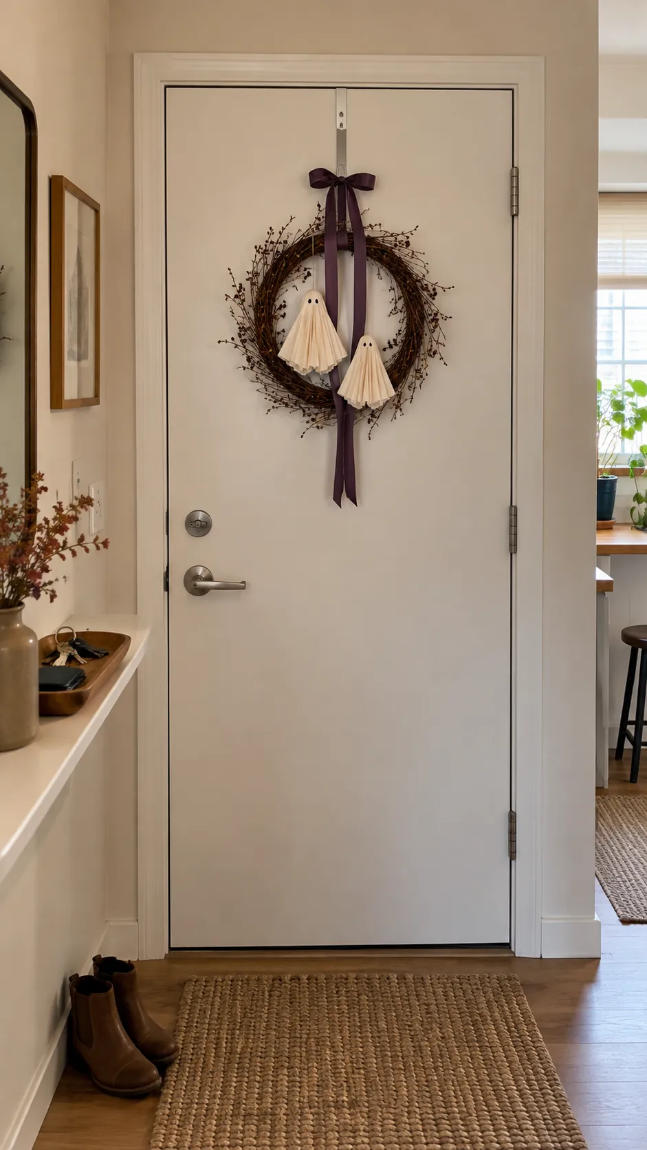 A wreath on the inside of the door in a small studio apartment