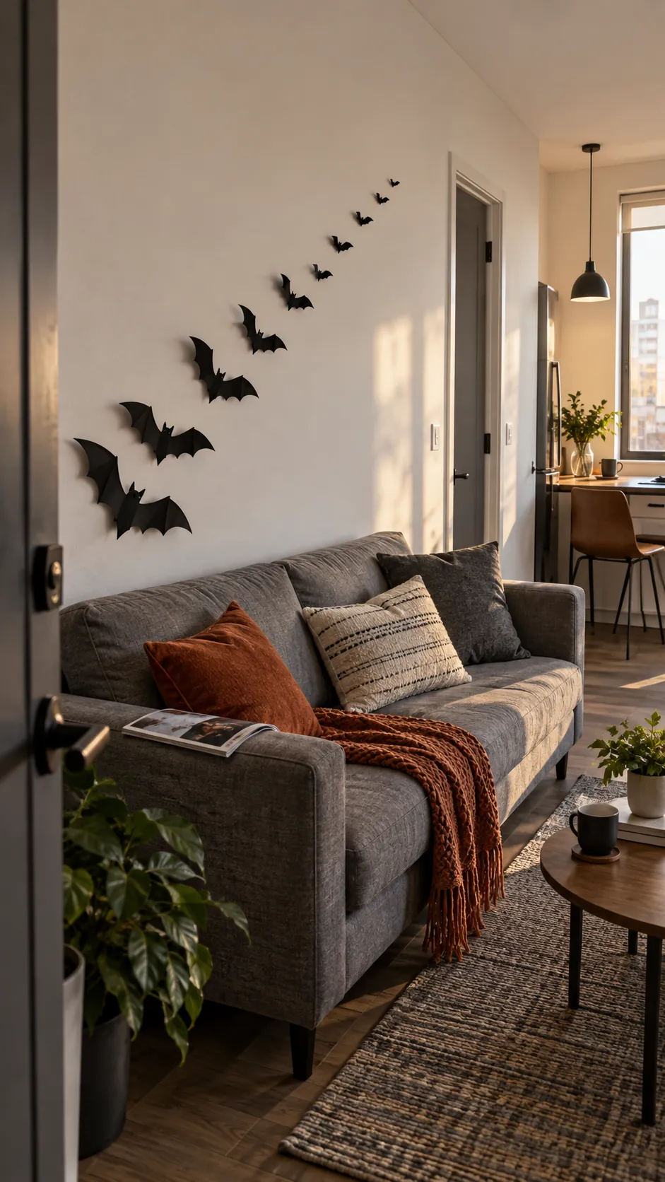 A bat trail above the sofa in a small studio apartment