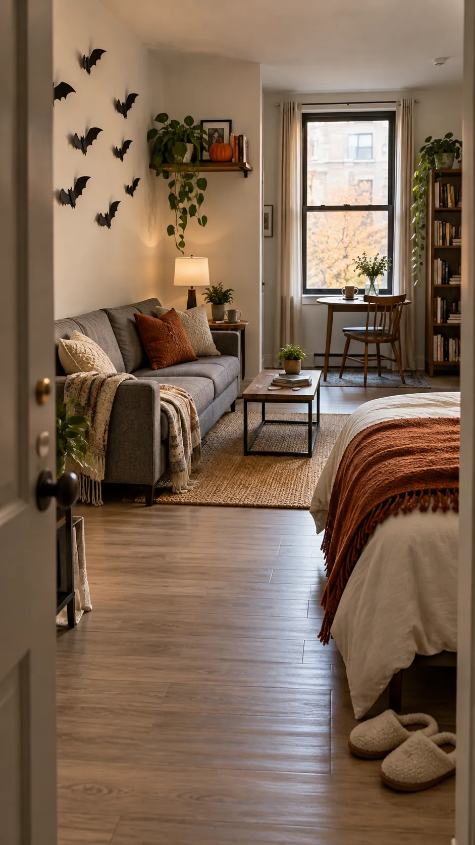 Halloween decor on walls and existing furniture in a compact studio apartment