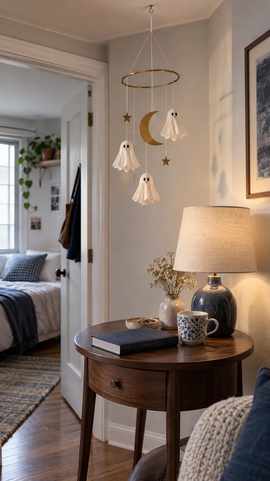 A ceiling mobile over a table in a small studio apartment