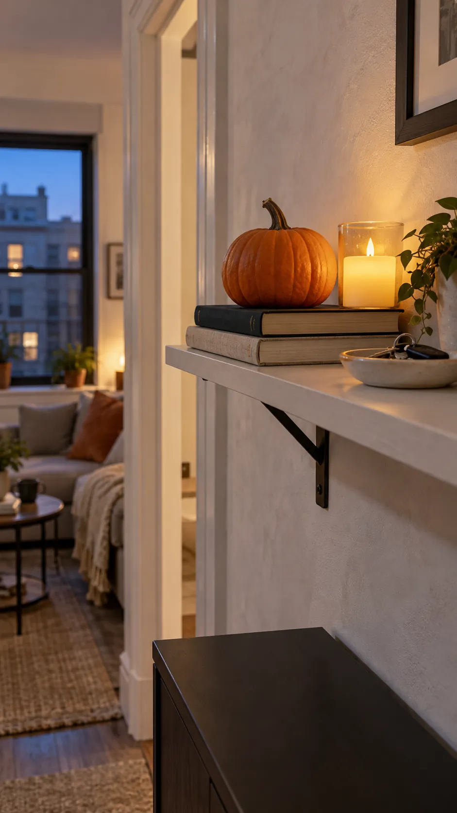 A slim shelf pumpkin display in a small studio apartment