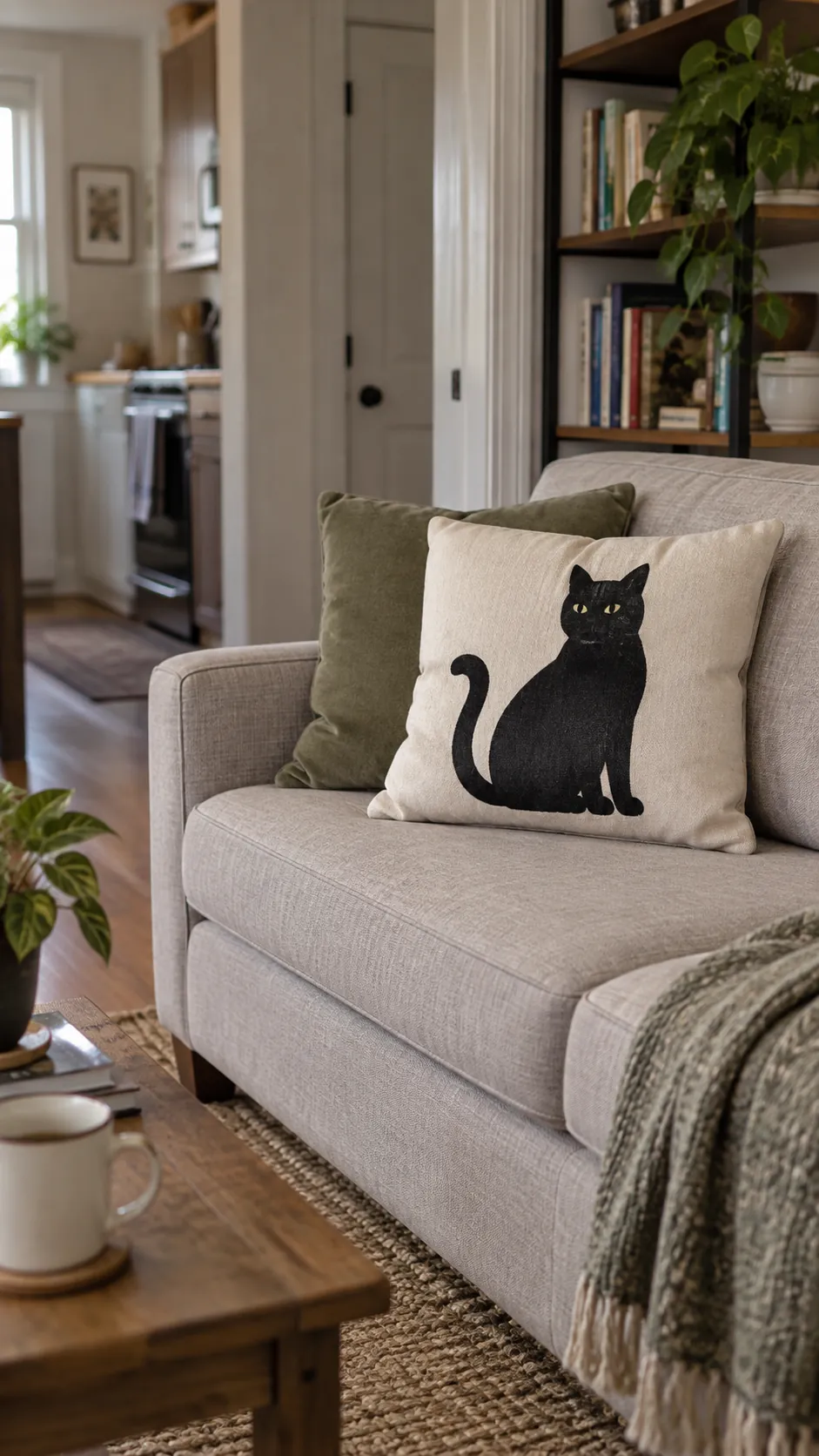 A seasonal cushion cover in a small studio apartment