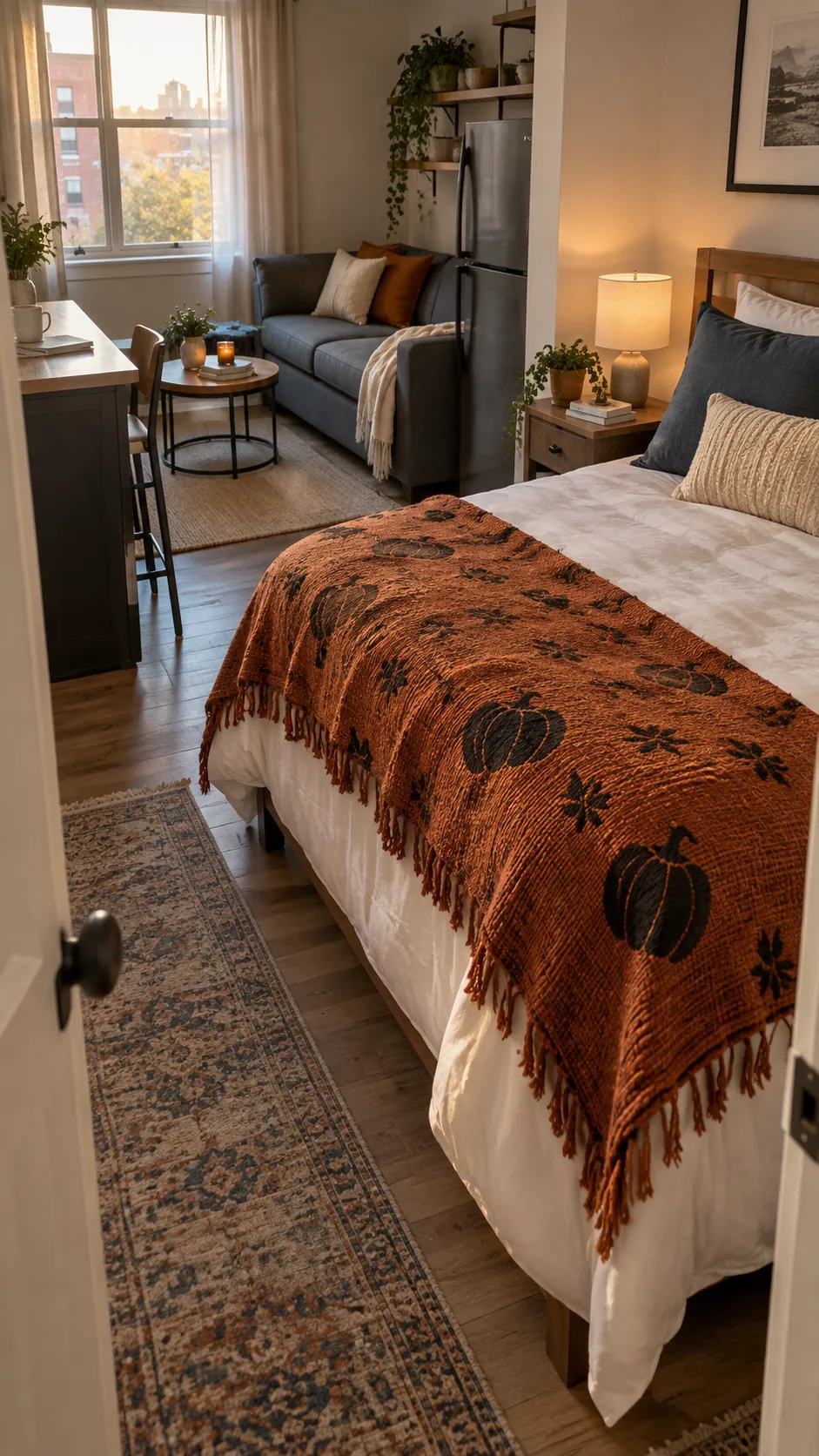 A throw across the bed in a small studio apartment