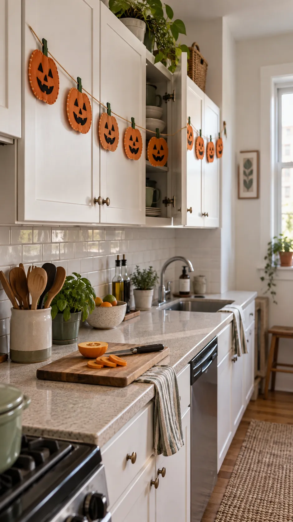 A garland across cabinet fronts in a small studio apartment
