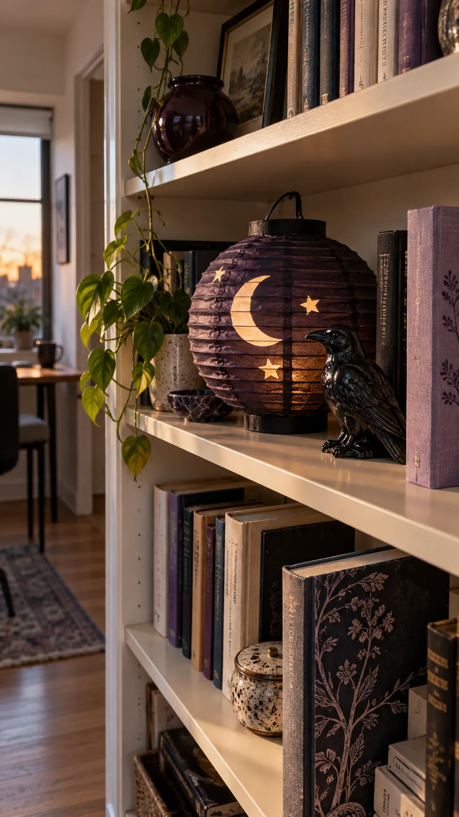 A bookcase shelf vignette in a small studio apartment