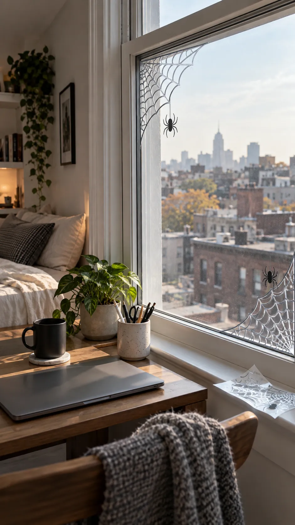 Window clings around the frame in a small studio apartment