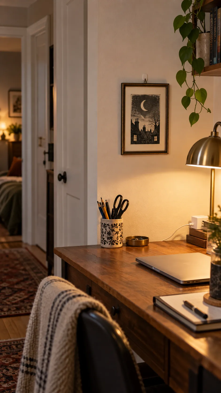 A framed vintage style print in a small studio apartment