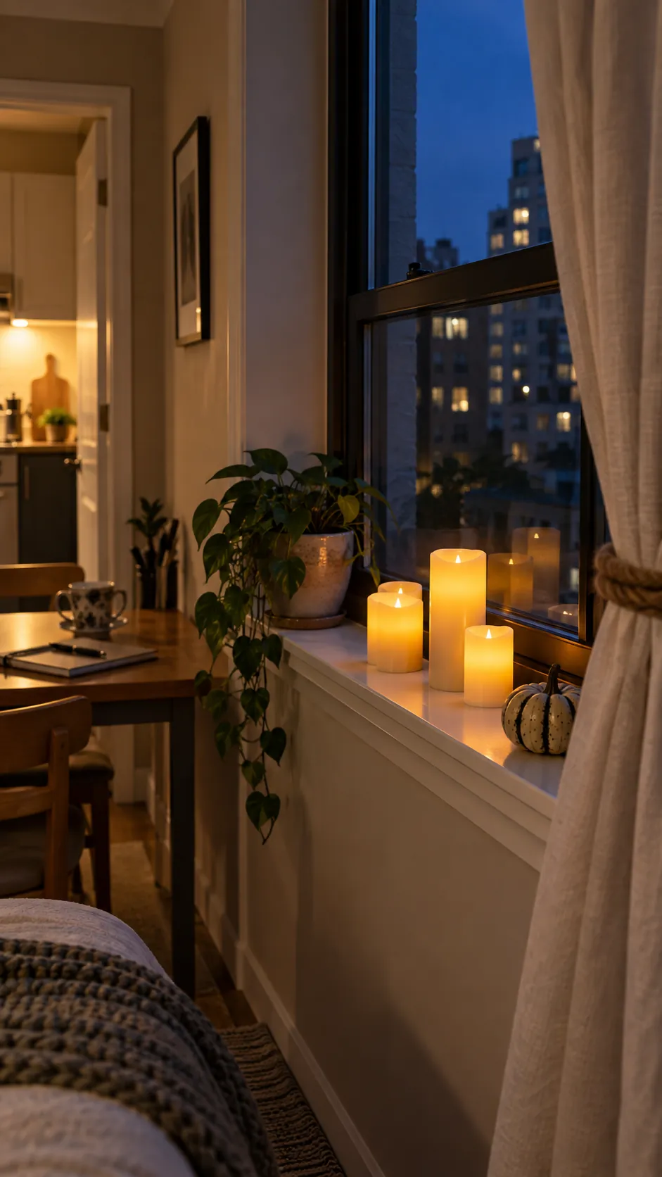 A safe glow on the sill in a small studio apartment