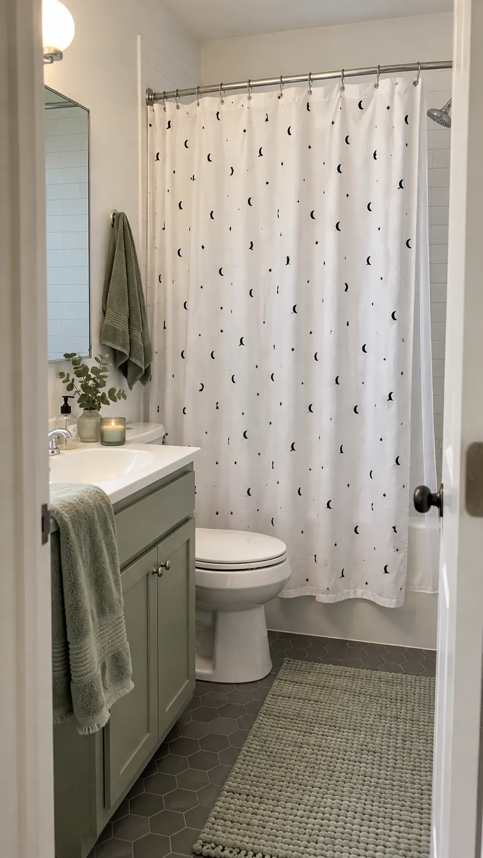 A shower curtain with one bold motif in a small studio apartment