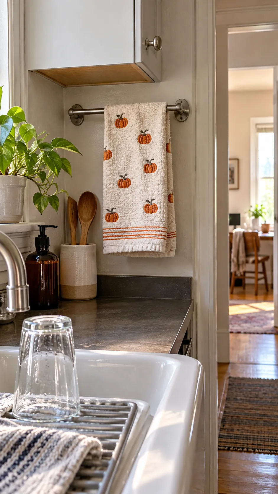 A patterned kitchen towel in a small studio apartment